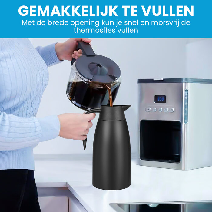 JVS Products Thermoskan - 1,9 Liter - Thermos - Isoleerkan - Koffie en thee - Warm en koud - Zwart