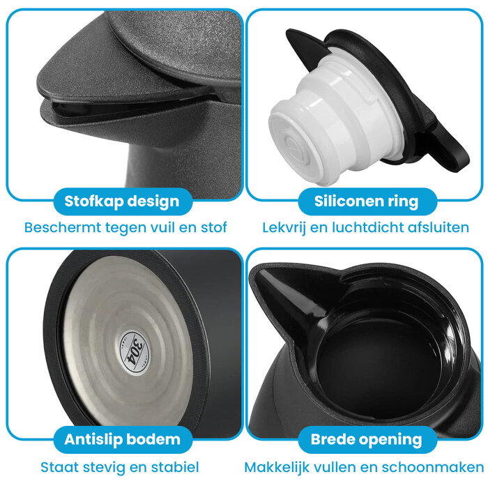 JVS Products Thermoskan - 1,9 Liter - Thermos - Isoleerkan - Koffie en thee - Warm en koud - Zwart