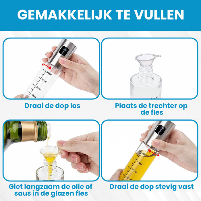 JVS Products Olijfolie Sprayer - Inclusief Trechters & Reinigingsborstels - Navulbaar - Olie Sprayer - Voor Airfryer, Pan & BBQ - Set van 2