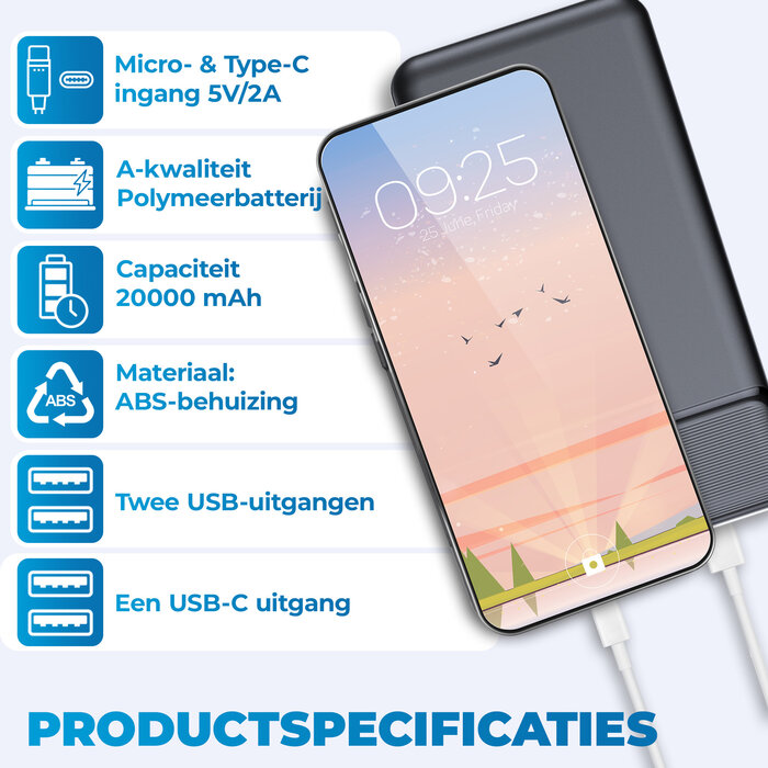 JVS Products Powerbank 20000 mAh geschikt voor Nintendo Switch 2 - 22.5W Snellader - 1x USB C - 2x USB A - 1x Micro USB - USB A naar USB C kabel meegeleverd