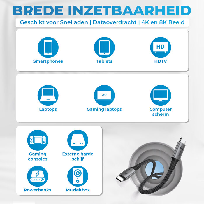 JVS Products USB-C naar USB-C Kabel - 100 CM - 240W Snelladen - Oplaadkabel - Laadkabel - USB 4.0 - 40Gbps - Datakabel - 8K/60Hz en 4K/120Hz - PD Gen 3.1 - Nylon - Zwart