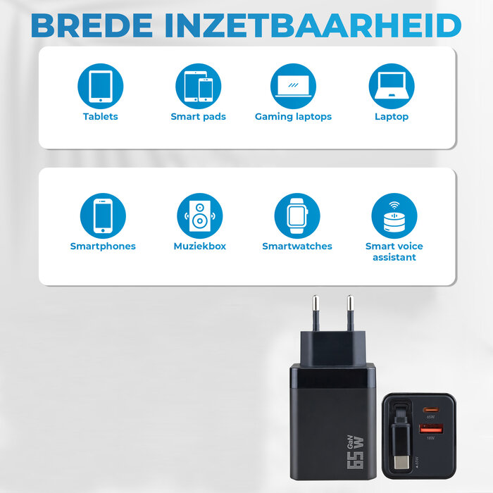 JVS Products Snellader 65W - Inclusief 65W geïntegreerde USB-C Kabel - 1x USB-C PD Fast Charge - 1x USB-A Quick Charge 3.0 - Oplader 65 Watt - Met kabel - GaN Technologie - USB-C Adapter - Zwart
