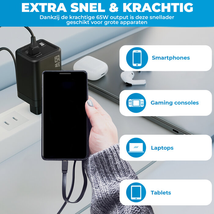 JVS Products Snellader 65W - Inclusief 65W geïntegreerde USB-C Kabel - 1x USB-C PD Fast Charge - 1x USB-A Quick Charge 3.0 - Oplader 65 Watt - Met kabel - GaN Technologie - USB-C Adapter - Zwart