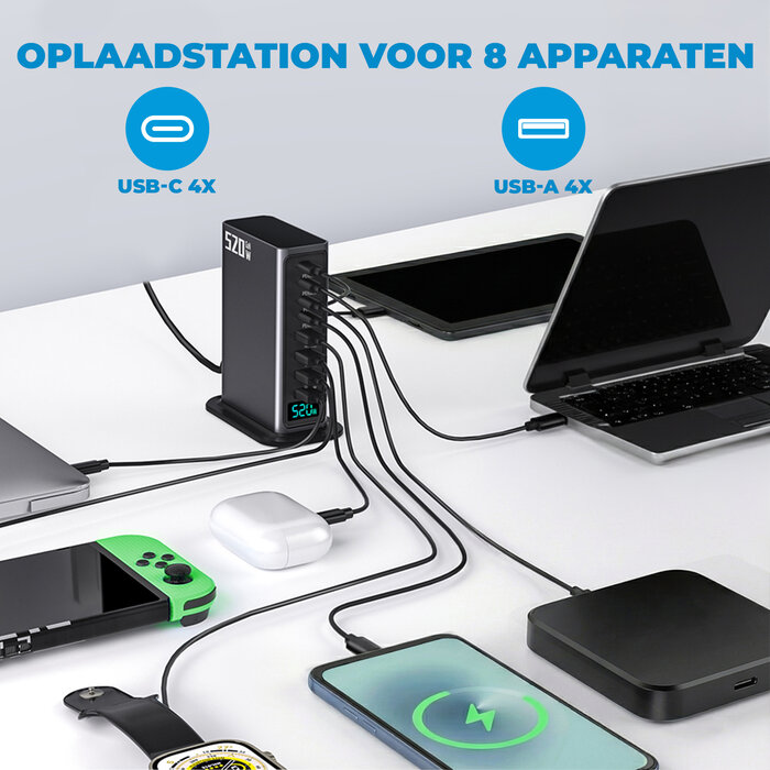 JVS Products 520W 8-poorts USB-oplaadtoren - Laadstation - Snellader 100W - Oplader - 4x USB-C PD Fast Charge 100W - 4x USB-A Quick Charge 30W - GaN Technologie - Inclusief USB-C 100W oplaadkabel - Zwart