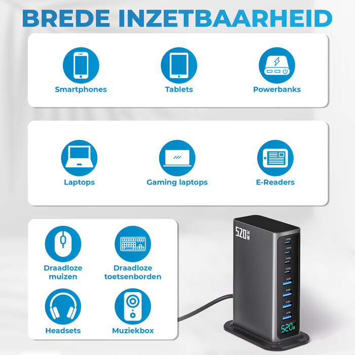 JVS Products 520W 8-poorts USB-oplaadtoren - Laadstation - Snellader 100W - Oplader - 4x USB-C PD Fast Charge 100W - 4x USB-A Quick Charge 30W - GaN Technologie - Inclusief USB-C 100W oplaadkabel - Zwart