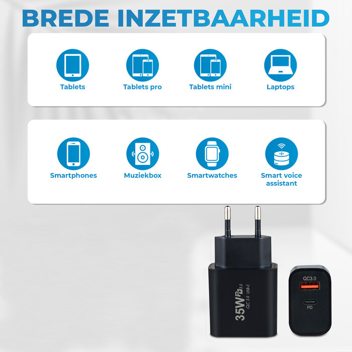 JVS Products Snellader 35W - 1x USB-C PD Fast Charge - 1x USB-A Quick Charge 3.0 – Oplader 35 Watt - GaN Technologie - USB-C Adapter - Geschikt voor Smartphones, Tablets, Etc. - Zwart