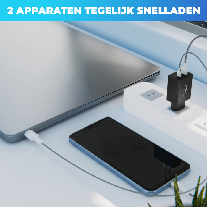 JVS Products Snellader 35W - 1x USB-C PD Fast Charge - 1x USB-A Quick Charge 3.0 – Oplader 35 Watt - GaN Technologie - USB-C Adapter - Geschikt voor Smartphones, Tablets, Etc. - Zwart