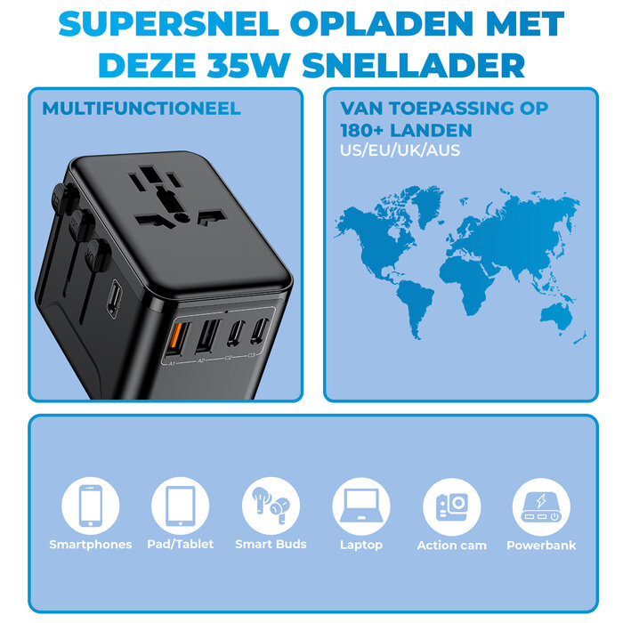 JVS Products Universele wereldstekker - Snellader 35W - Reisstekker - Internationale Reisadapter - 2x USB-C en 2x USB-A - 180+ Landen - Amerika (USA) - Zuid Amerika - Engeland (UK) - Azië - Europa - Afrika - 2500W - Wereldstekker lichtgewicht - Zwart