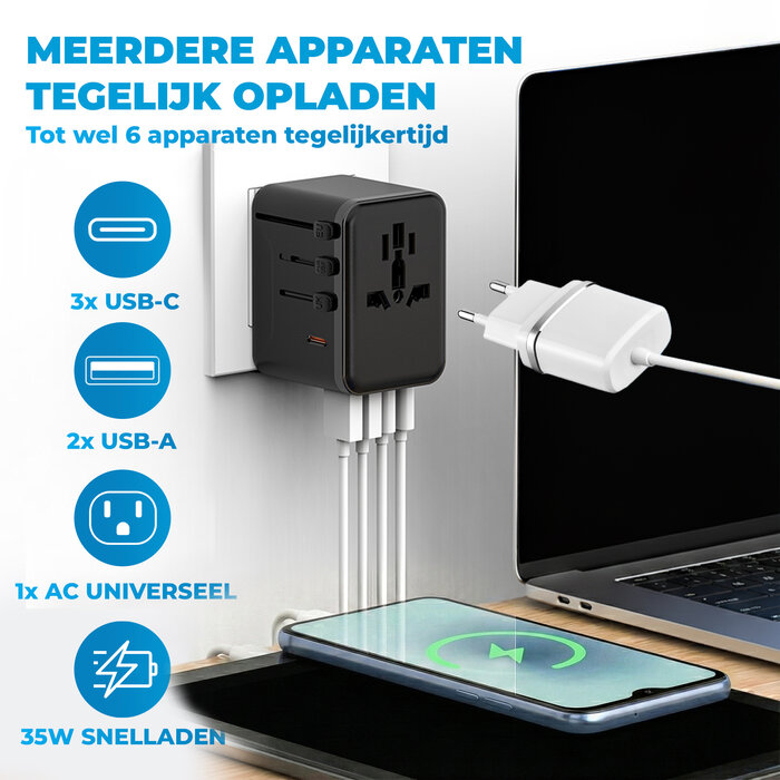 JVS Products Universele wereldstekker - Snellader 35W - Reisstekker - Internationale Reisadapter - 2x USB-C en 2x USB-A - 180+ Landen - Amerika (USA) - Zuid Amerika - Engeland (UK) - Azië - Europa - Afrika - 2500W - Wereldstekker lichtgewicht - Zwart
