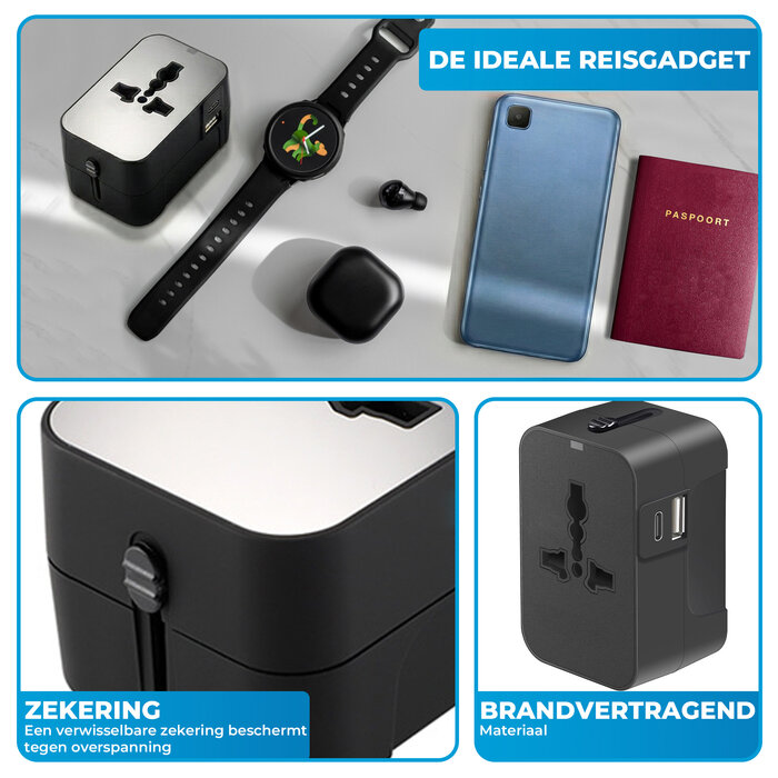JVS Products Universele wereldstekker - Reisstekker - Internationale Reisadapter - USB-C en USB-A - 150+ Landen - Amerika (USA) - Zuid Amerika - Engeland (UK) - Azië - Europa - Afrika - Wereldstekker lichtgewicht - Zwart