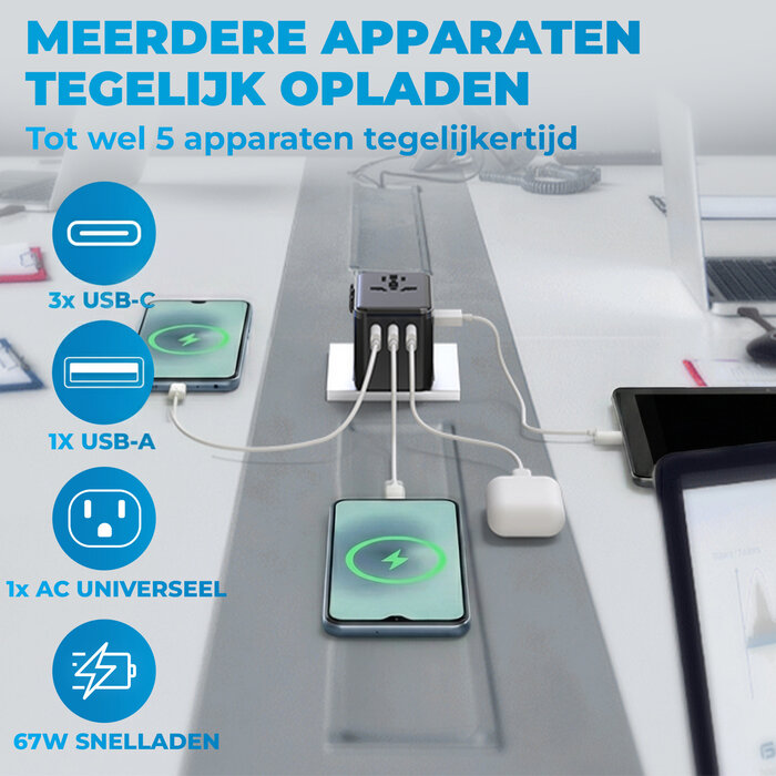 JVS Products Universele wereldstekker - Snellader 67W - Reisstekker - Internationale Reisadapter - 3x USB-C en 1x USB-A - 180+ Landen - Amerika (USA) - Zuid Amerika - Engeland (UK) - Azië - Europa - Afrika - 2500W - Wereldstekker lichtgewicht - Zwart