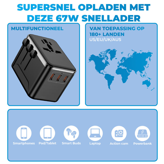 JVS Products Universele wereldstekker - Snellader 67W - Reisstekker - Internationale Reisadapter - 3x USB-C en 1x USB-A - 180+ Landen - Amerika (USA) - Zuid Amerika - Engeland (UK) - Azië - Europa - Afrika - 2500W - Wereldstekker lichtgewicht - Zwart