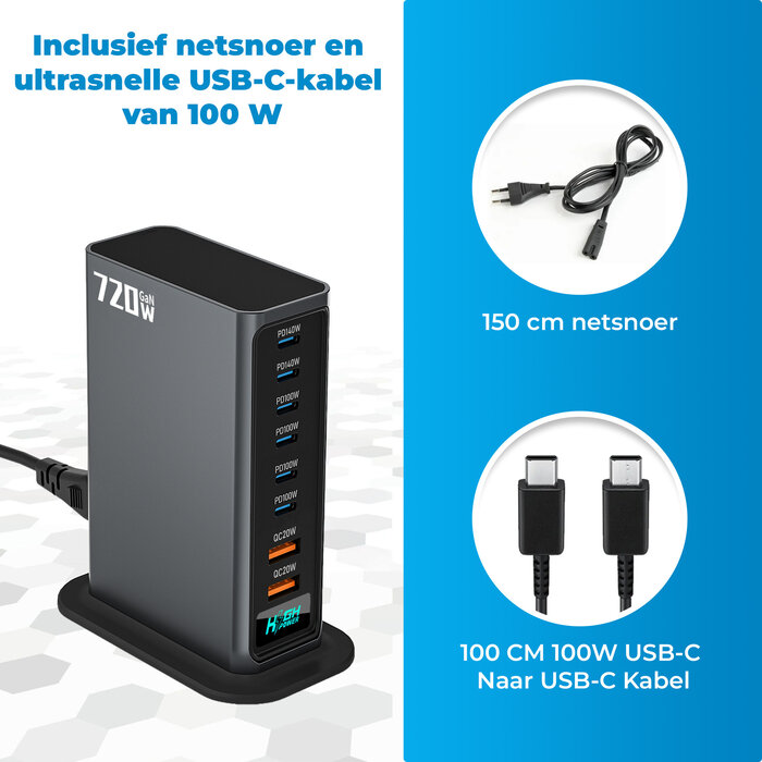 JVS Products 720W 8-poorts USB-oplaadtoren - Laadstation - Snellader 140W - Oplader - 2x USB-C PD Fast Charge 140W - 4x USB-C PD Fast Charge 100W - 2x USB-A Quick Charge 20W - GaN Technologie - Inclusief USB-C 100W oplaadkabel - Zwart