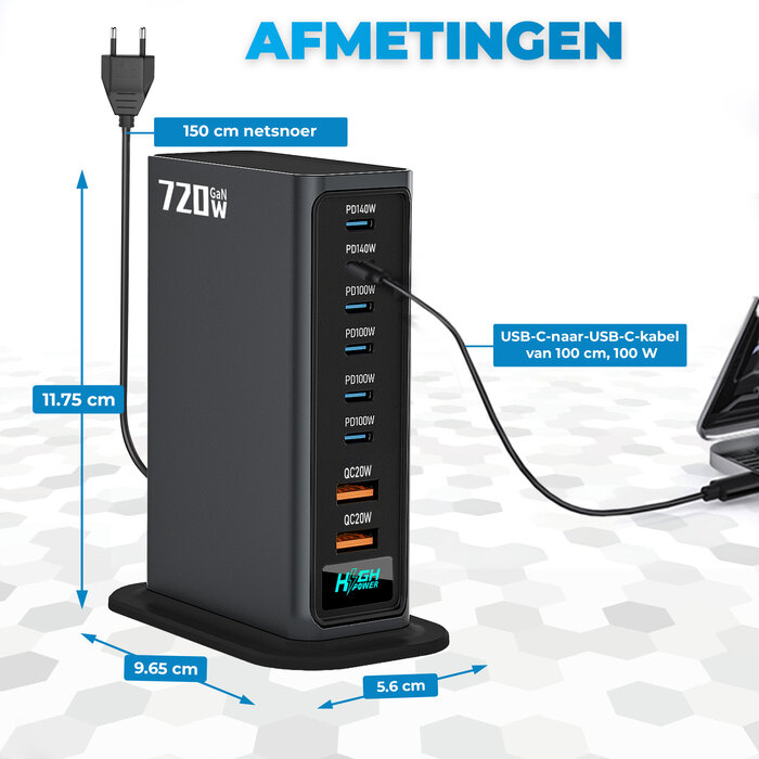 JVS Products 720W 8-poorts USB-oplaadtoren - Laadstation - Snellader 140W - Oplader - 2x USB-C PD Fast Charge 140W - 4x USB-C PD Fast Charge 100W - 2x USB-A Quick Charge 20W - GaN Technologie - Inclusief USB-C 100W oplaadkabel - Zwart