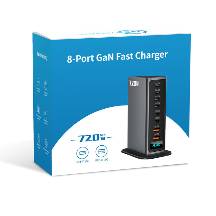 JVS Products 720W 8-poorts USB-oplaadtoren - Laadstation - Snellader 140W - Oplader - 2x USB-C PD Fast Charge 140W - 4x USB-C PD Fast Charge 100W - 2x USB-A Quick Charge 20W - GaN Technologie - Inclusief USB-C 100W oplaadkabel - Zwart