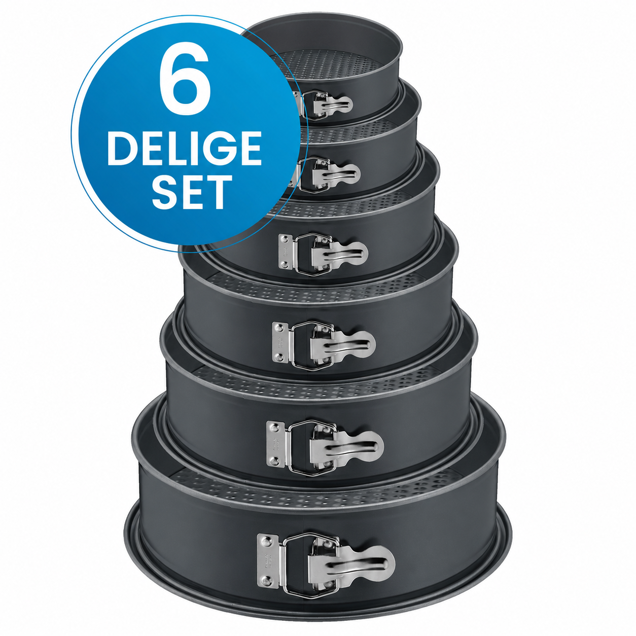 JVS Products Ronde bakvormen - 6 Delige Set - Taartvormen - Springvorm Set - Non-stick Coating - Ø12 t/m 28 cm - Losse Bodem - Stapelbaar - Voor Cake, Taart, Quiche - Zwart