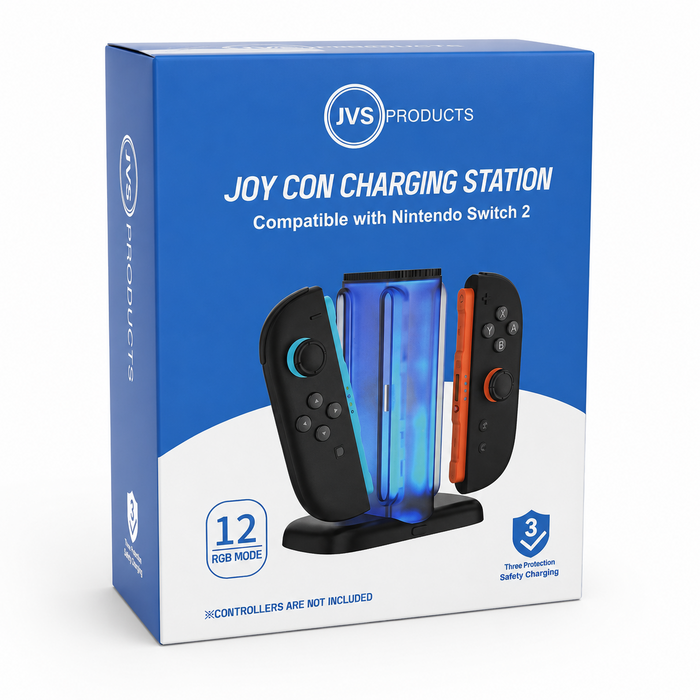 JVS Products Charging Station - Geschikt voor Nintendo Switch 2 - Oplaadstation voor 4 Joy-Cons - Docking Station - Magnetisch - Inclusief USB-C Kabel - RGB Verlichting - LED-Indicator - Zwart