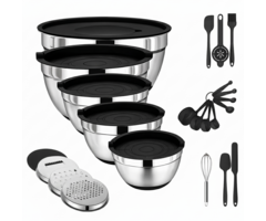 JVS Products Mengkommen set - 23 Delige Set - Set van 5 - RVS - Beslagkommen - Met luchtdichte bewaardeksel - Antislip - Spatels - Garde - Pannenlikkers - Raspen - Zilver