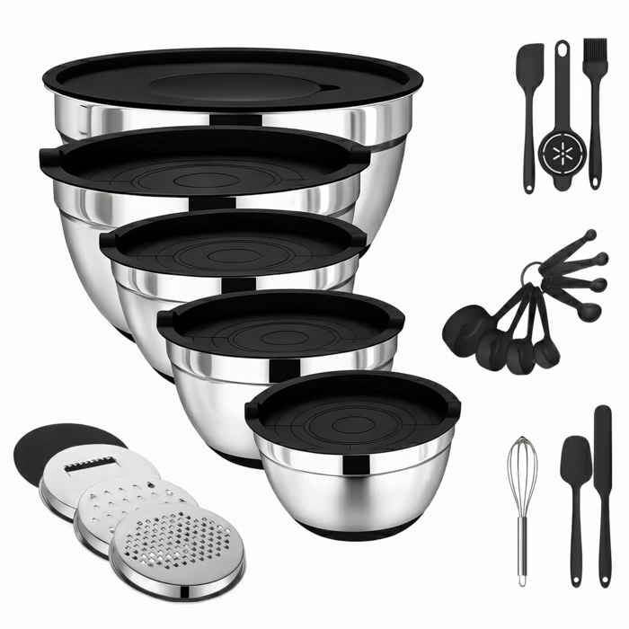 JVS Products Mengkommen set - 23 Delige Set - Set van 5 - RVS - Beslagkommen - Met luchtdichte bewaardeksel - Antislip - Spatels - Garde - Pannenlikkers - Raspen - Zilver