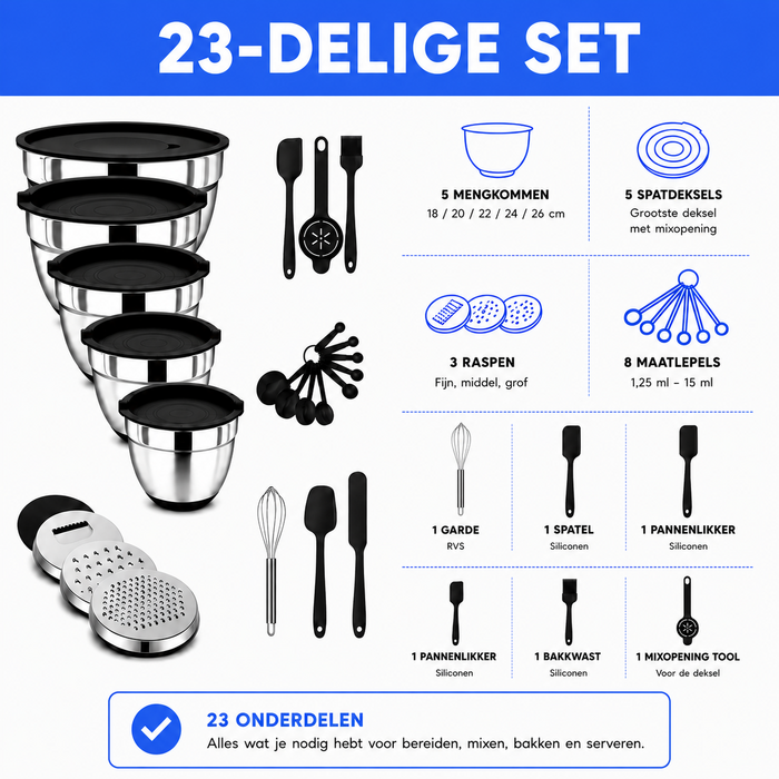 JVS Products Mengkommen set - 23 Delige Set - Set van 5 - RVS - Beslagkommen - Met luchtdichte bewaardeksel - Antislip - Spatels - Garde - Pannenlikkers - Raspen - Zilver