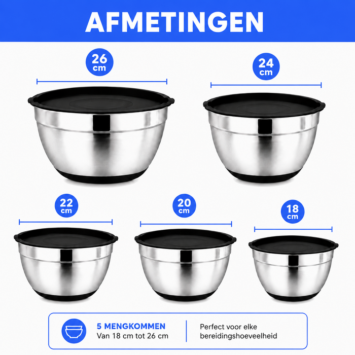 JVS Products Mengkommen set - 23 Delige Set - Set van 5 - RVS - Beslagkommen - Met luchtdichte bewaardeksel - Antislip - Spatels - Garde - Pannenlikkers - Raspen - Zilver