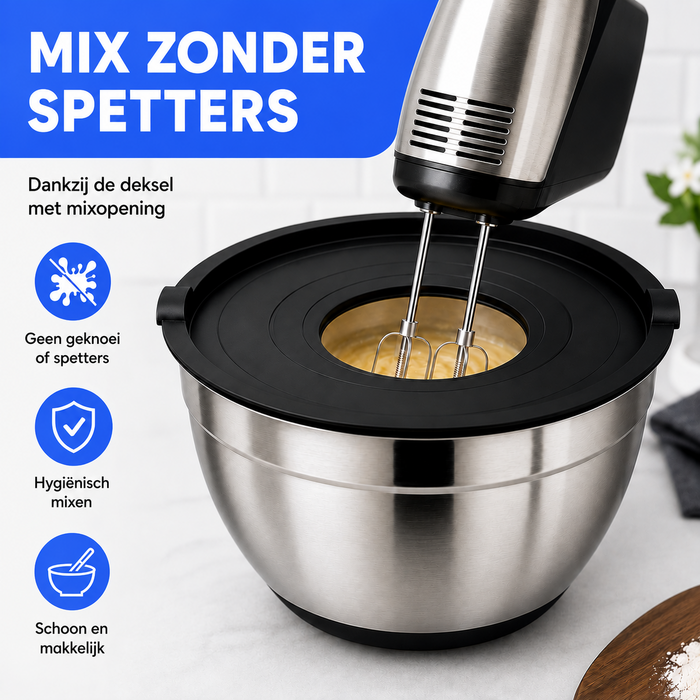 JVS Products Mengkommen set - 23 Delige Set - Set van 5 - RVS - Beslagkommen - Met luchtdichte bewaardeksel - Antislip - Spatels - Garde - Pannenlikkers - Raspen - Zilver