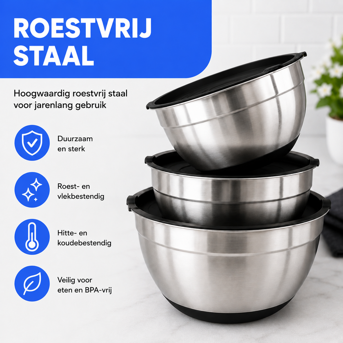 JVS Products Mengkommen set - 23 Delige Set - Set van 5 - RVS - Beslagkommen - Met luchtdichte bewaardeksel - Antislip - Spatels - Garde - Pannenlikkers - Raspen - Zilver