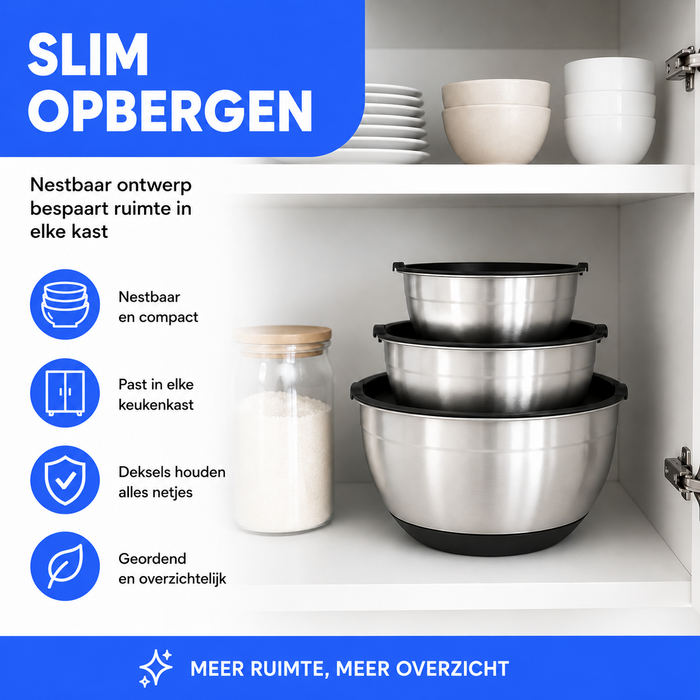 JVS Products Mengkommen set - 23 Delige Set - Set van 5 - RVS - Beslagkommen - Met luchtdichte bewaardeksel - Antislip - Spatels - Garde - Pannenlikkers - Raspen - Zilver