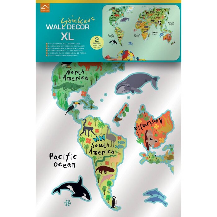 Crearreda Wereldkaart muursticker  met dieren-18-delig