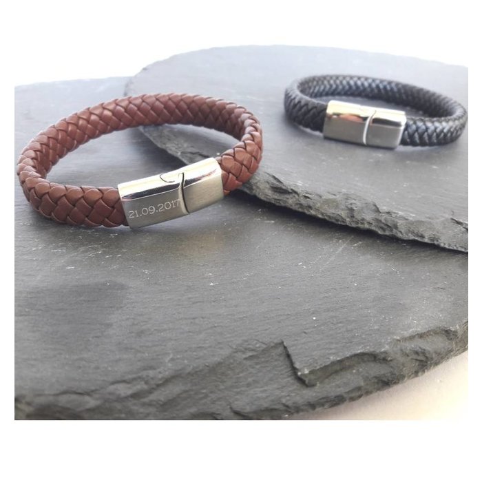 Atelier Albertine Mannen armband  Graveren Rundleer
