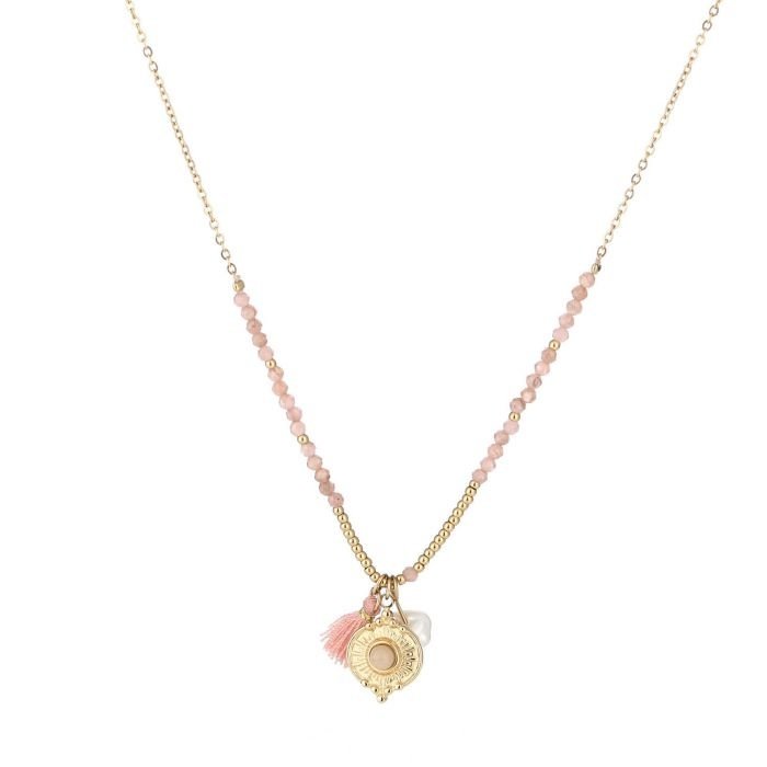 Michelle Bijou Gouden Stainless steel ketting roze edelsteentjes en pareltje