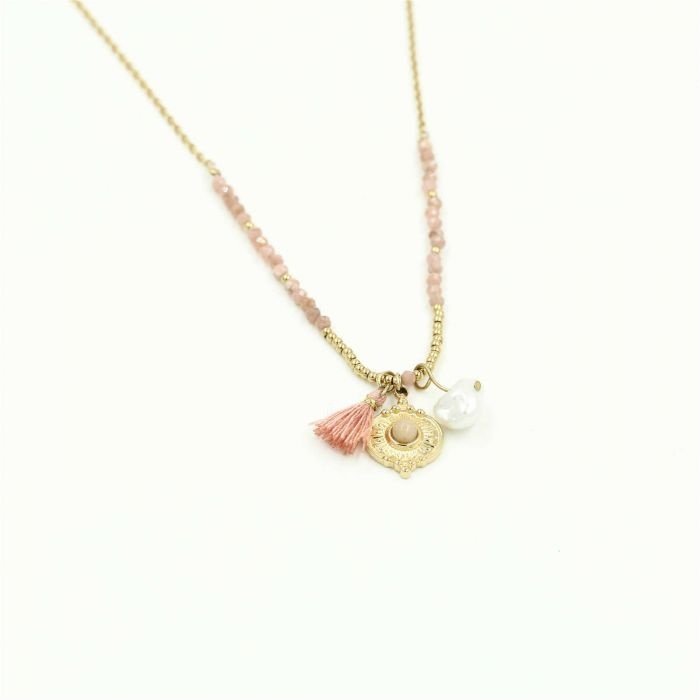 Michelle Bijou Gouden Stainless steel ketting roze edelsteentjes en pareltje