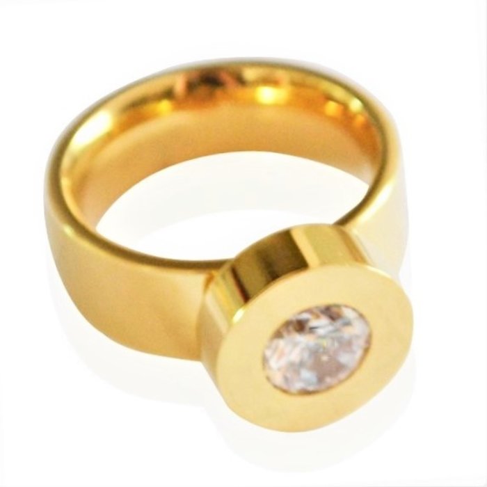 Yehwang Dutch Design grote damesring goud stainless steel met zirkonia