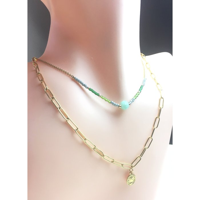 Michelle Bijou Goud Stainless steel ketting double layer green