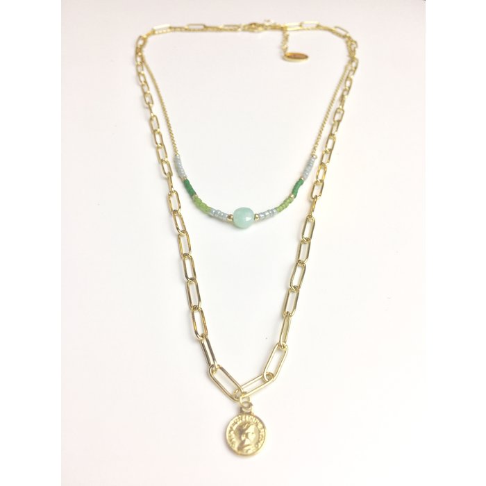 Michelle Bijou Goud Stainless steel ketting double layer green