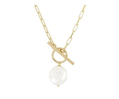 Atelier Albertine 14k verguld zilveren paperclip ketting met grote parel
