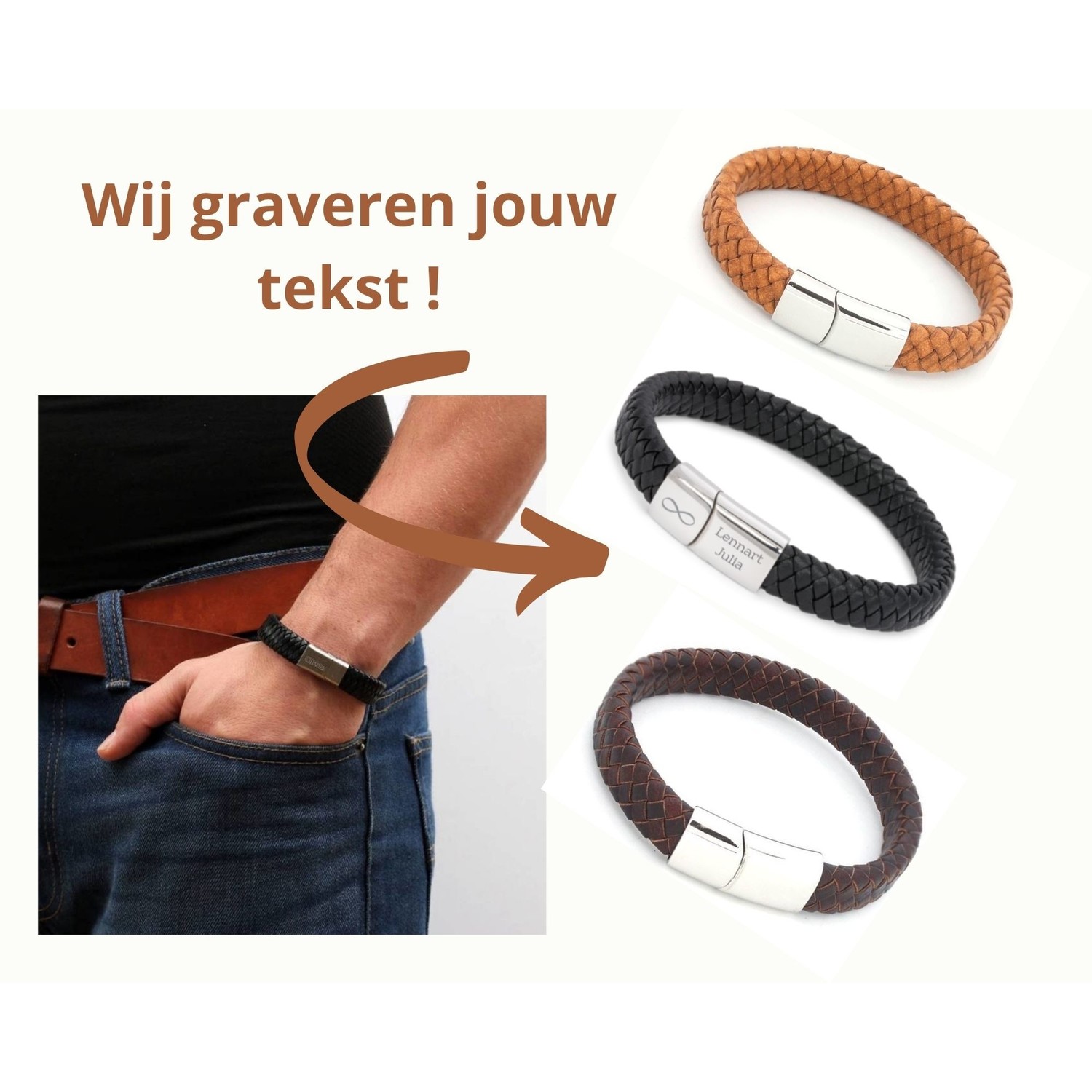 Vingerafdruk Armband Heren - Echt Leren Armband met Gravure - Mannen
