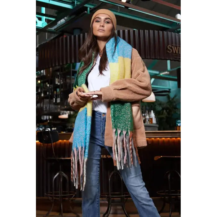 Yehwang Dutch Design warme wintersjaal in blokkleuren oranje paars blauw geel