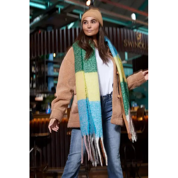 Yehwang Dutch Design warme wintersjaal in blokkleuren oranje paars blauw geel