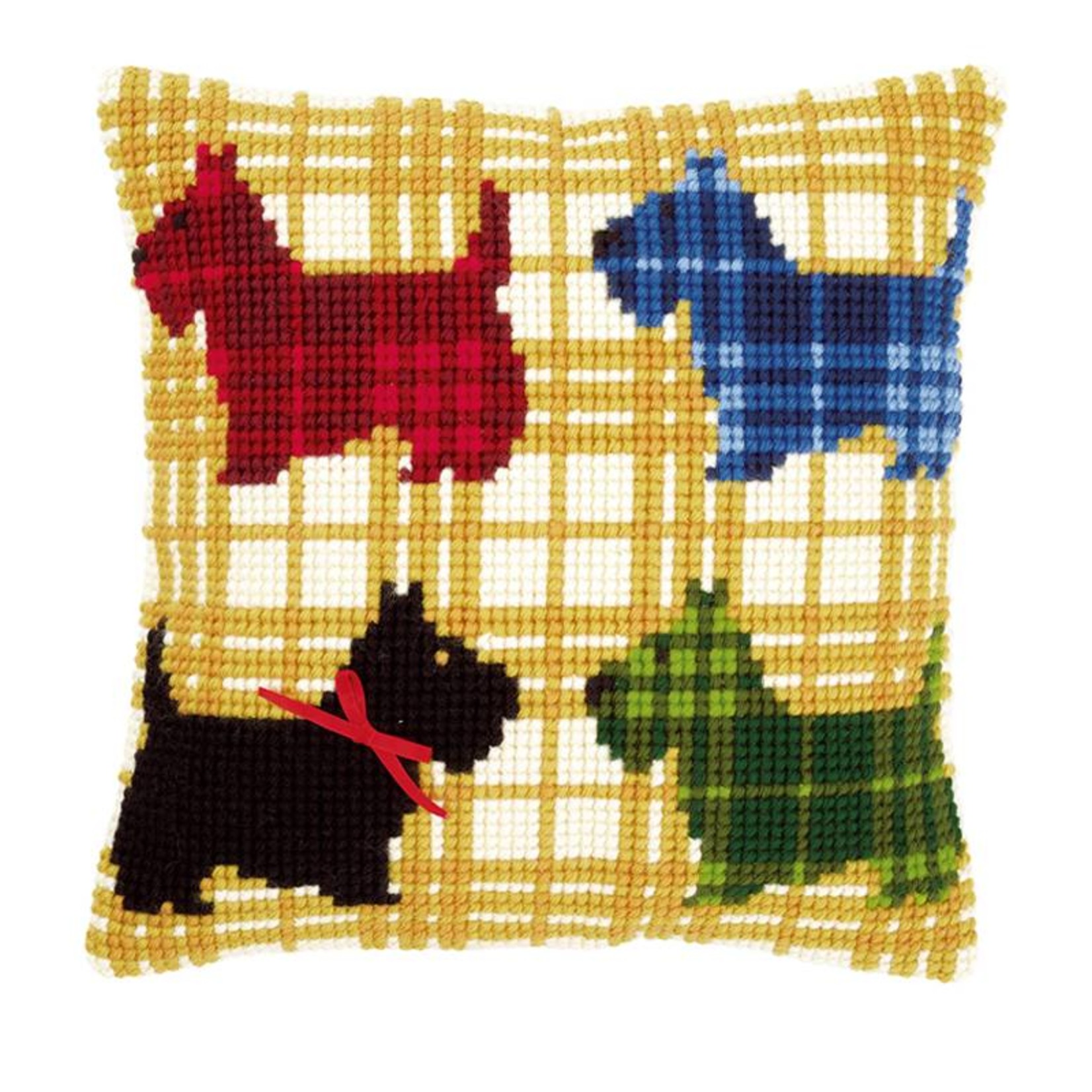 Vervaco Kruisstekenkussen kleurige hondjes met strikje