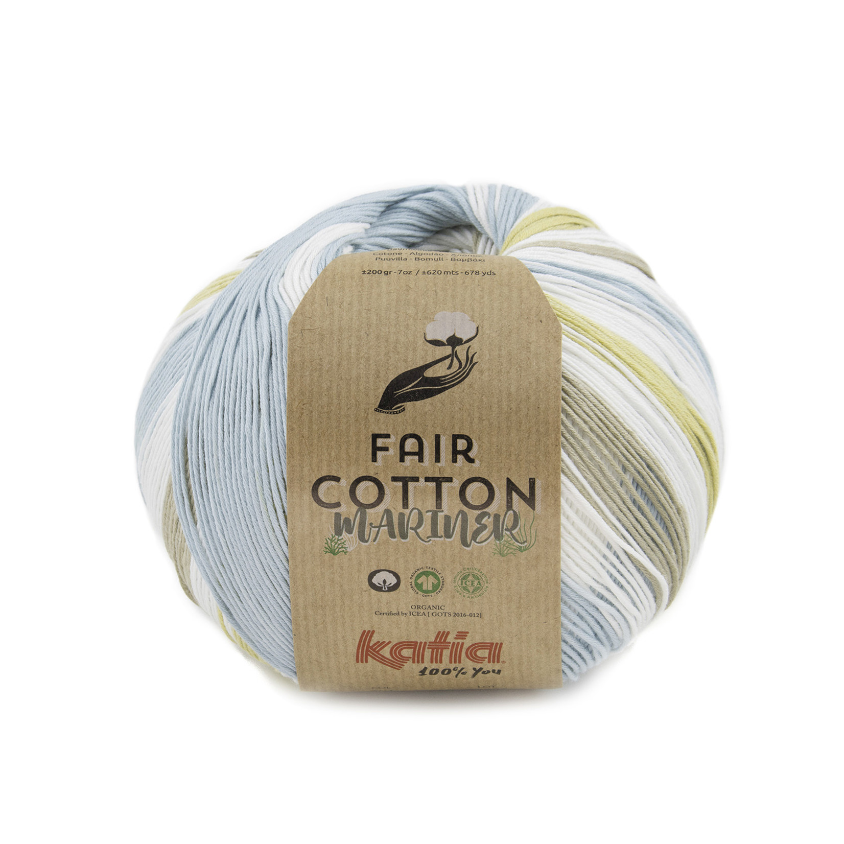 Katia Fair Cotton Mariner 201 Hemelsblauw-Lichtbruin-Citroen-Wit