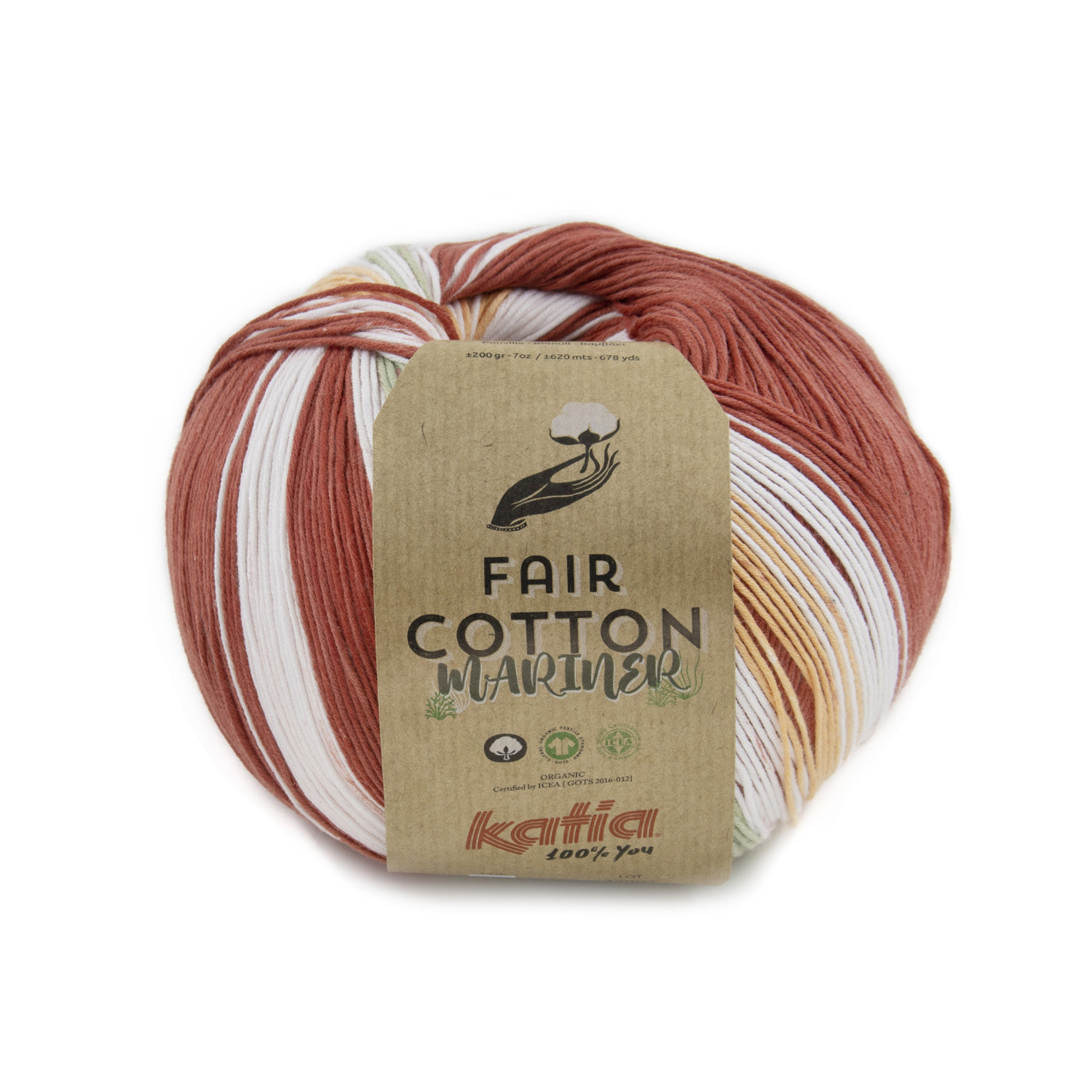 Katia Fair Cotton Mariner 205 Wit-Rood-Mint-Lichtoranje