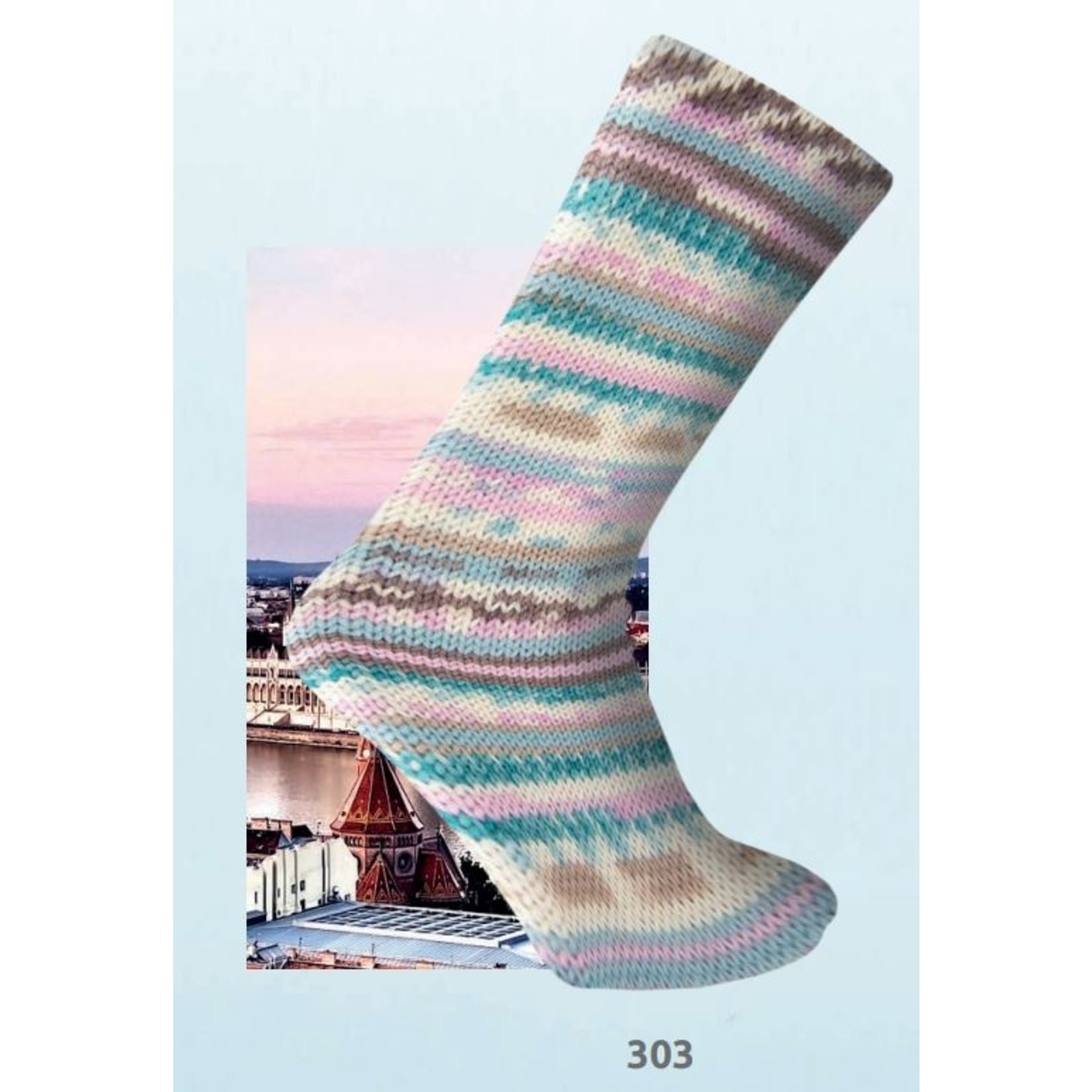 Katia Danubio Socks 303 Pastelblauw-Lichtroze-Lichtbruin-Lichtlila