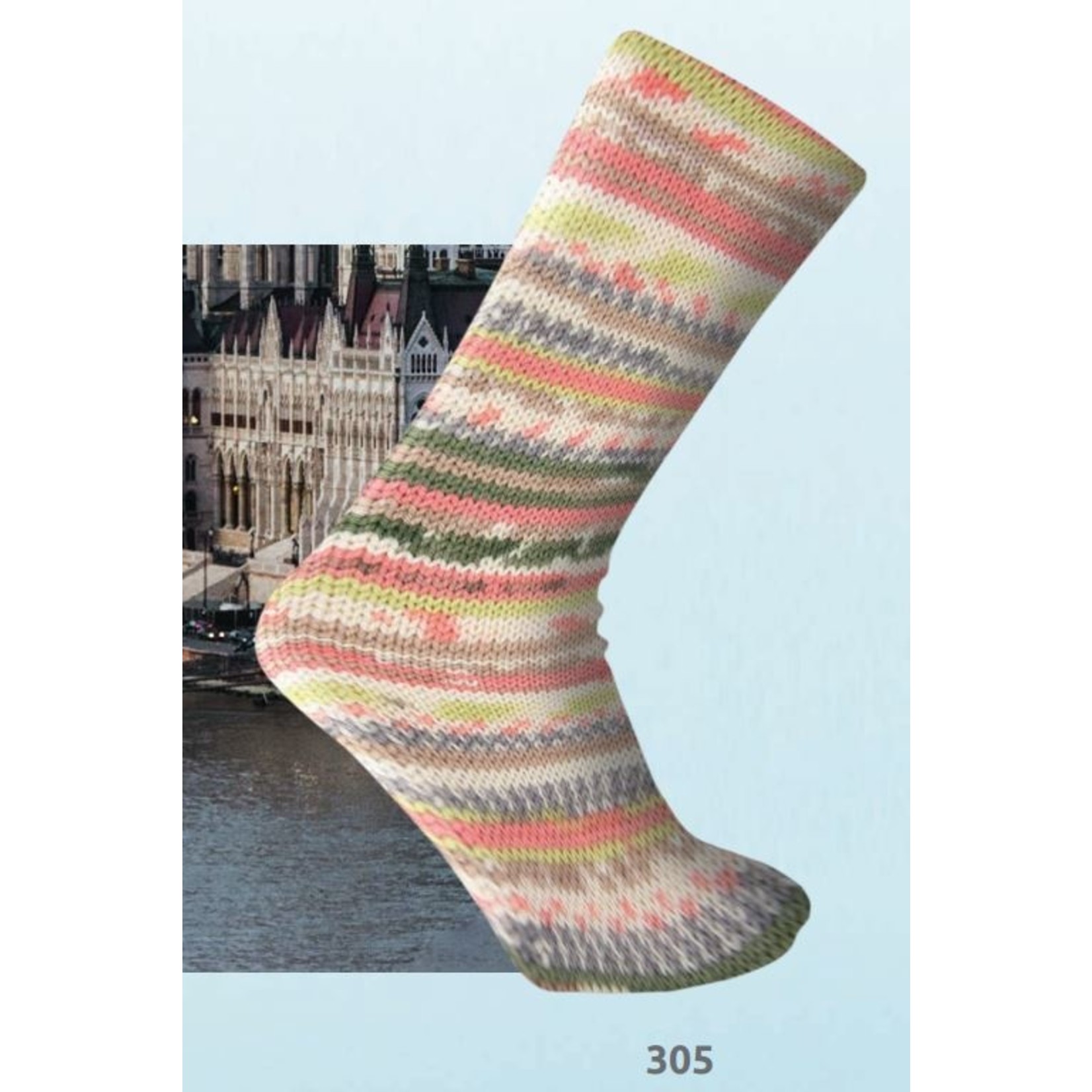 Katia Danubio Socks 305 Donkergroen-Pistache-Bruin-Ivoorkleurig-Koraal