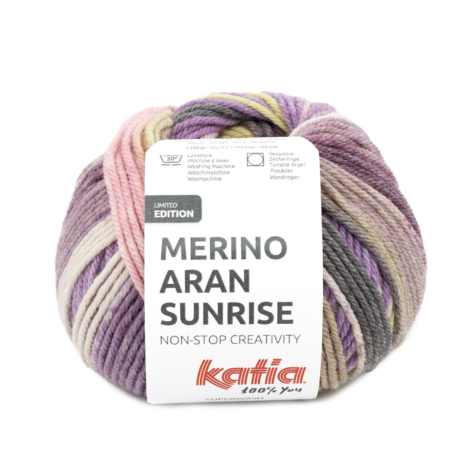 Katia Merino Aran Sunrise 304 Lila-Kauwgomroze-Geelachtig groen