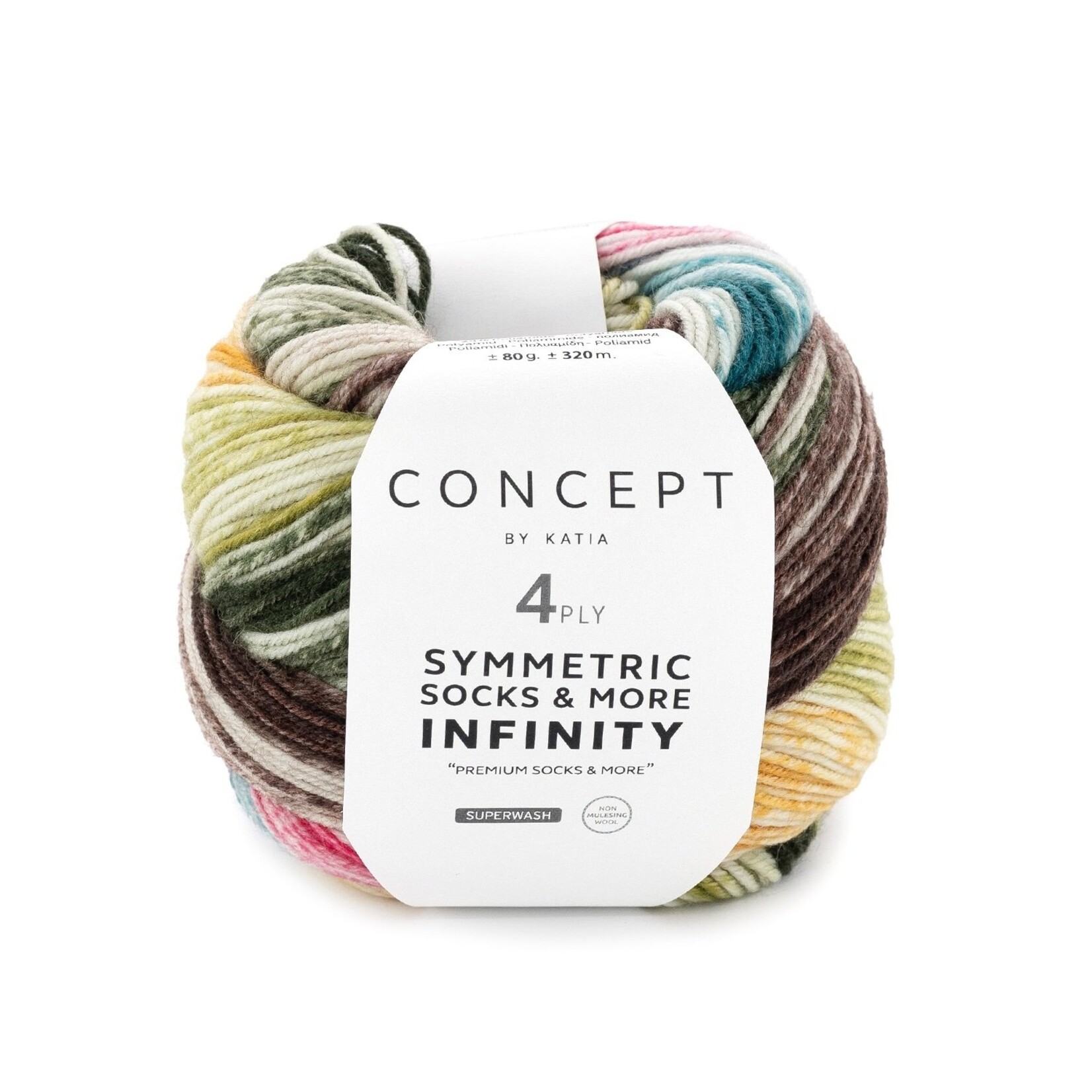 Katia Infinity Symmetric Socks 94  Bruin-Groen-Geel-Aardbei-Turquoise