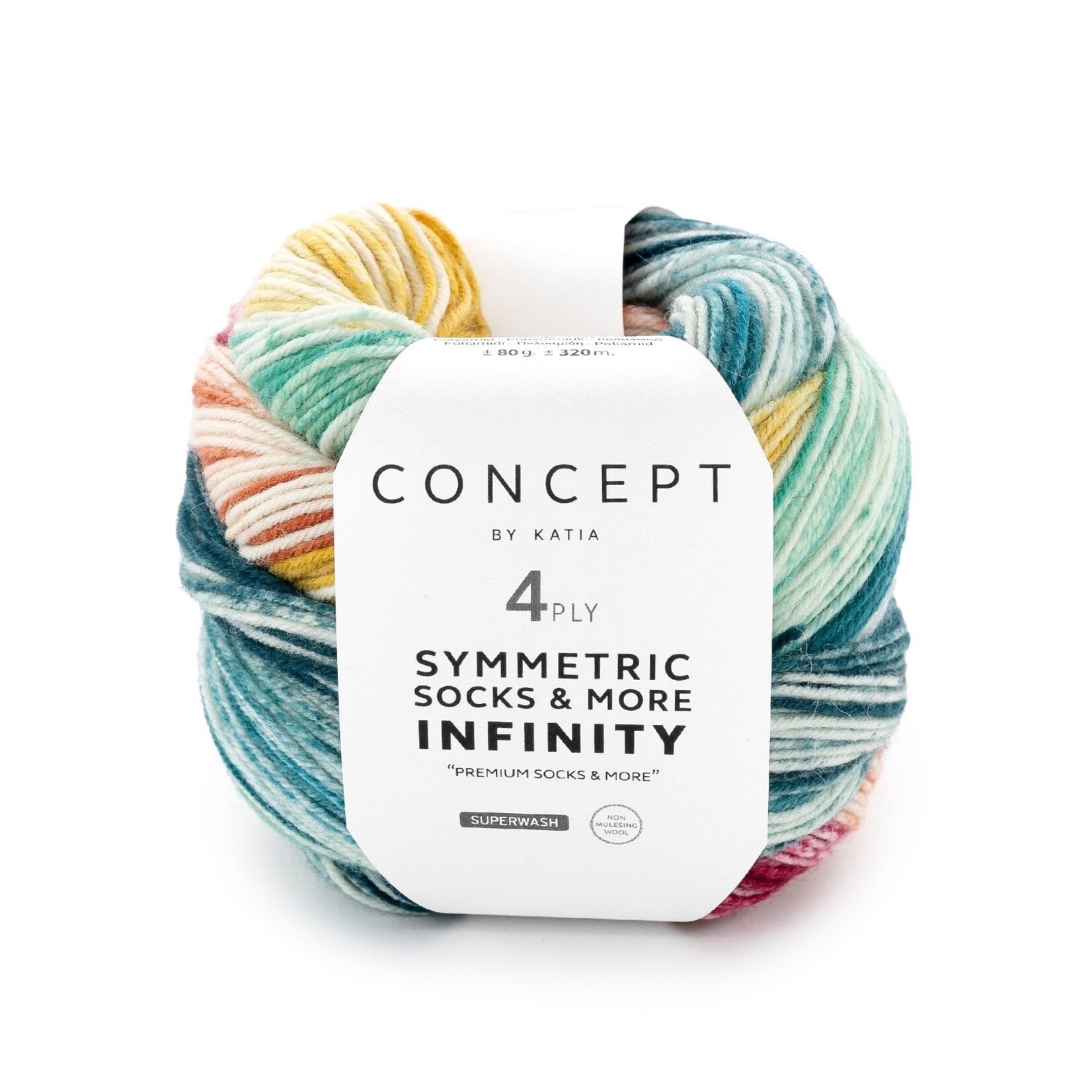 Katia Infinity Symmetric Socks 95 Turquoise-Geel-Roestbruin-Rood