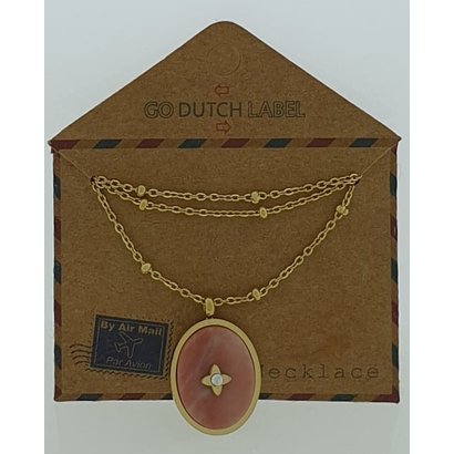 GO-DUTCH LABEL Go Dutch Label Edelstalen Ketting Kort met Ovaalvormig hangertje met  natuursteen Goudkleurig met een klein natuursteentje