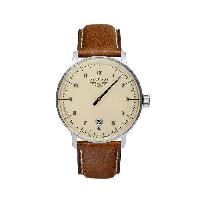 Bauhaus Herrenuhr mit Lederband Ronda Quarz Monotimer Einzeigeruhr Datum 2042-5
