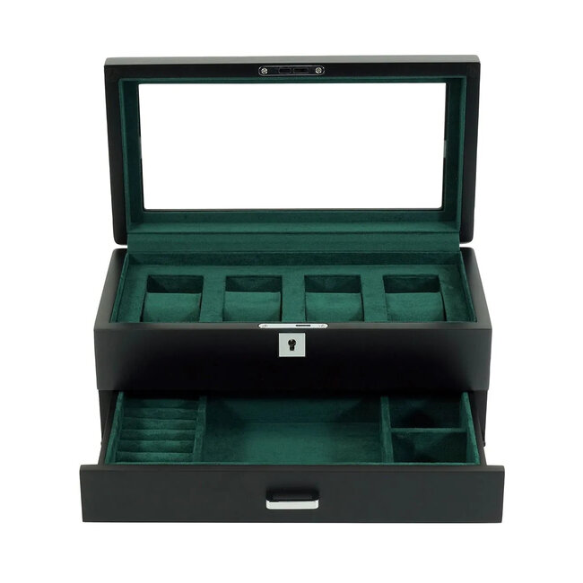 leonardo louis  Elegante  schwarz  4 Uhren mit grünem Samt + Schublade
